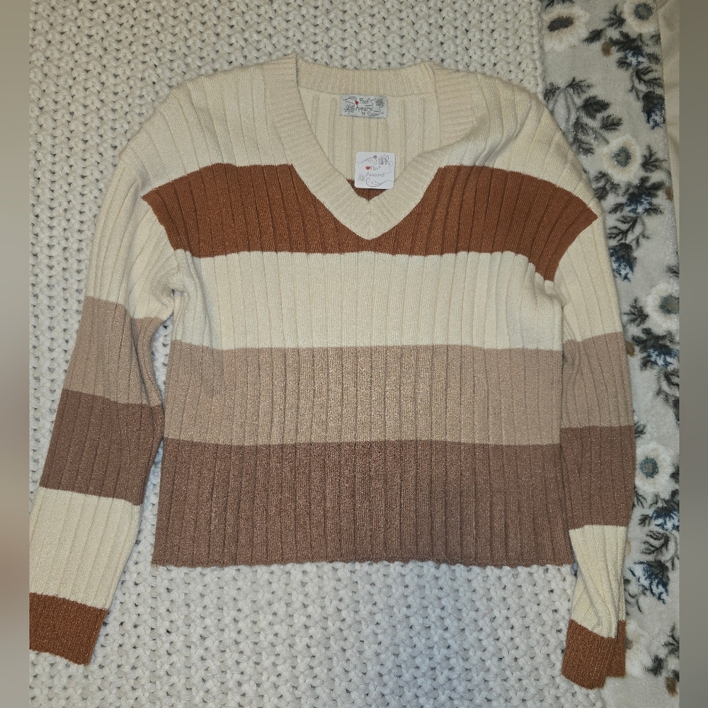 Cozy Striped V-Neck Sweater - Cream and Brown